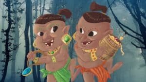 Colorful cartoon Aluxes from Cozumel Mexico's Stingray Villa vacation rental, featuring vibrant jungle background and playful characters.