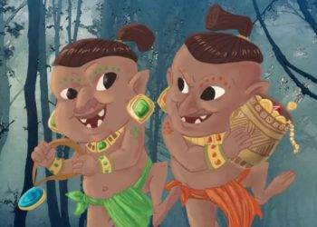 Colorful cartoon Aluxes from Cozumel Mexico's Stingray Villa vacation rental, featuring vibrant jungle background and playful characters.