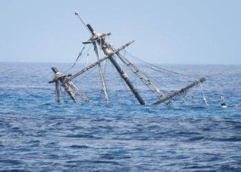 Sunken shipwreck near Cozumel, Mexico, caused by tropical storm Cristobal damage.