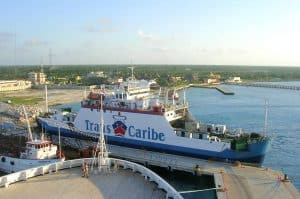 Ferry boat at Cozumel Mexico harbor, transporting visitors to Stingray Villa vacation rental for a memorable Caribbean getaway.