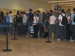 Waiting in line at Cozumel Mexico airport for vacation rental at Stingray Villa.