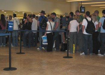 Waiting in line at Cozumel Mexico airport for vacation rental at Stingray Villa.