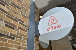 Modern Airbnb sign at Cozumel Mexico vacation rental property, Stingray Villa, highlighting popular Mexico travel accommodations and hospitality branding.