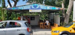 Fresh seafood tacos at Diego's Tacos in Cozumel Mexico, perfect for vacationers staying at Stingray Villa; outdoor seating, lush tropical surroundings, authentic local cuisine.