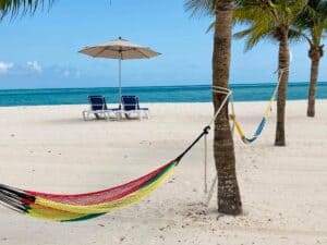 Colorful hammock tied between palm trees on a pristine Isla Pasión Cozumel beach with blue ocean and sky in the background.