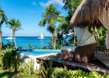 Luxurious tropical VRBO with ocean view and private infinity pool, surrounded by lush greenery, perfect for a relaxing beachfront vacation.