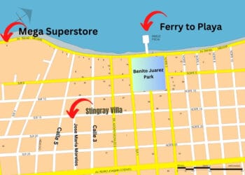 Ferry to Playa from Stingray Villa in Cozumel, near Benito Juarez Park, with nearby streets and landmarks.