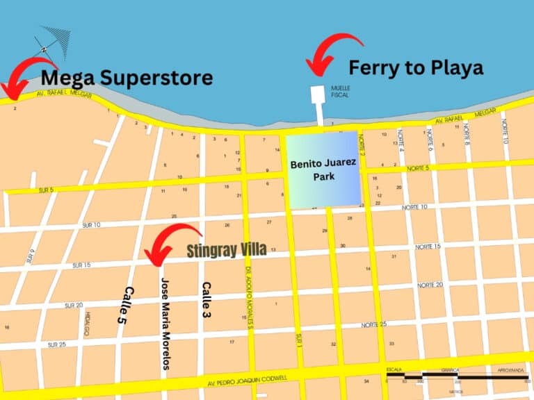 Ferry to Playa from Stingray Villa in Cozumel, near Benito Juarez Park, with nearby streets and landmarks.