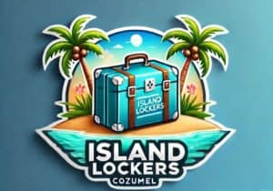 blue tropical island lockers with palm trees and ocean scene, vacation, travel, waterproof storage