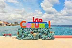 Colorful Cozumel island sign by the ocean in Mexico perfect for selfies.