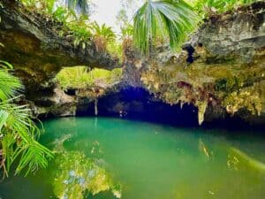 Hidden jungle cenote with emerald water at Cozumel island.