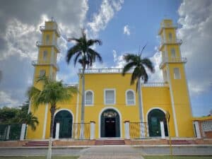Colorful yellow church with twin towers