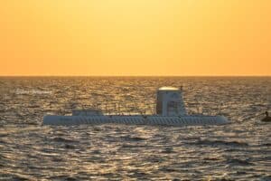 Underwater submarine at sunset over the Caribbean.