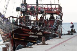 Colorful pirate ship docked at Stingray Villa in Cozumel.