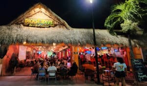 Dicks Dive Bar & Grill at night with lively crowd and tropical decor